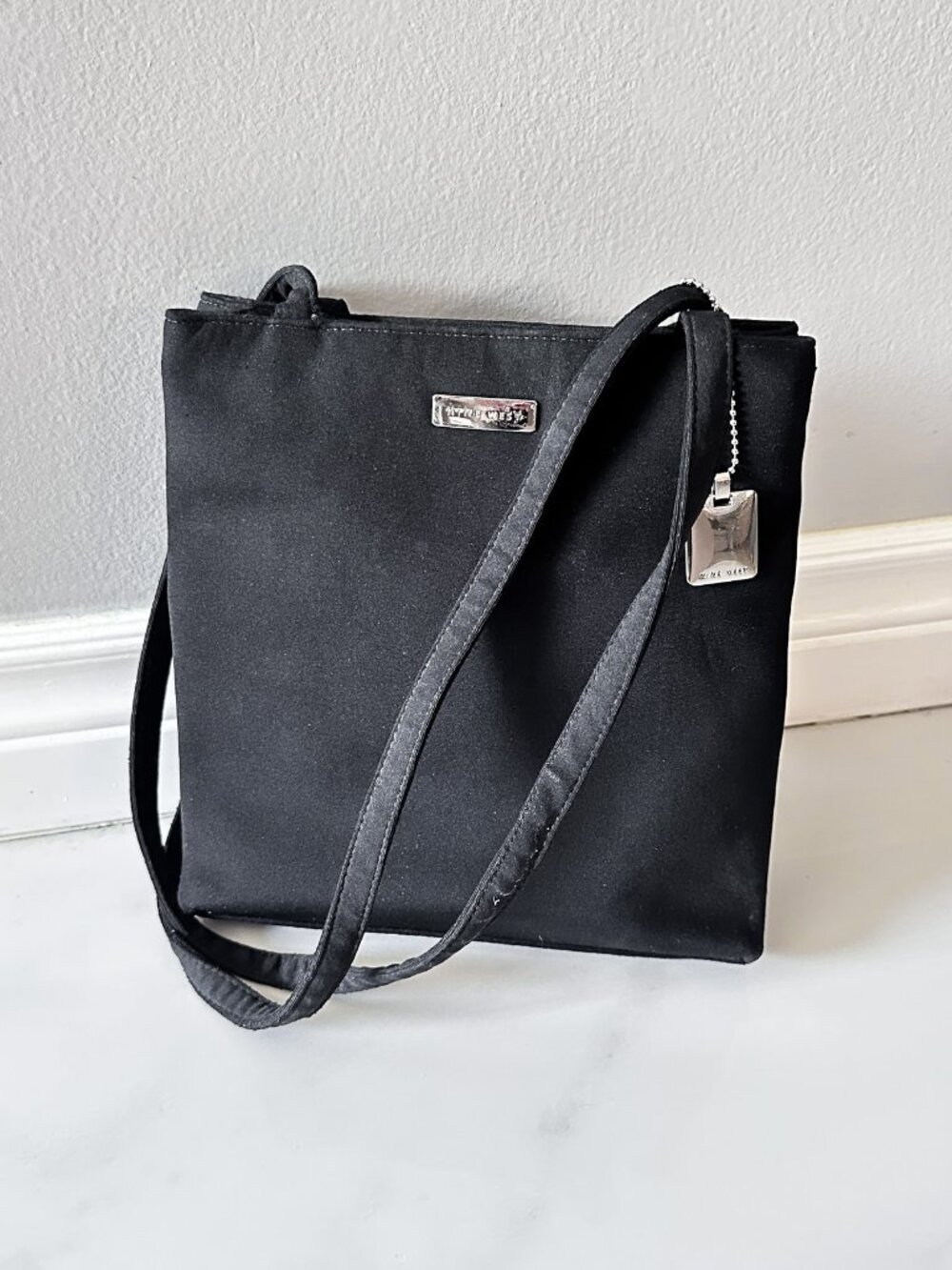 NINE WEST Minimal Black Fabric Shoulder Tote, Casual Flat Rectangle Purse Y2K